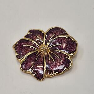 Hibiscus Flower Purple Shimmer Enamel Brooch Pin Gold Tone Vintage Jewelry